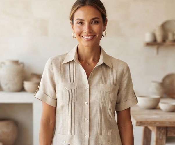 Blusa guayabera de lino crudo