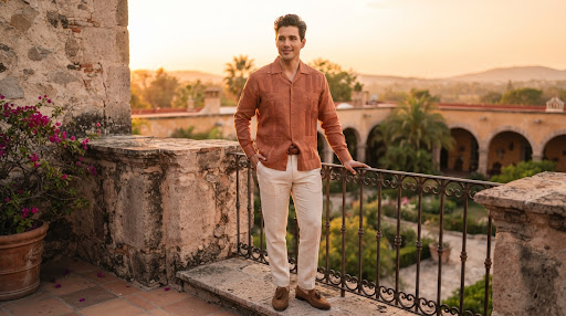 Guayabera de lino terracota en balcón de hacienda