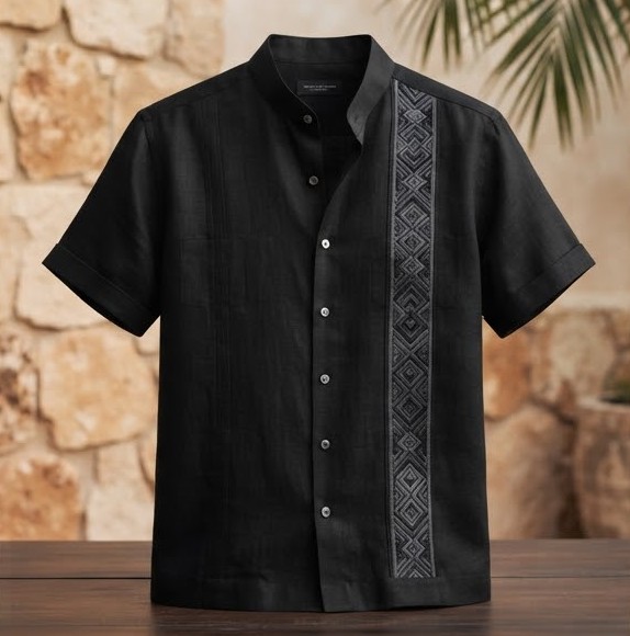 Guayabera de lino negro con cuello mao